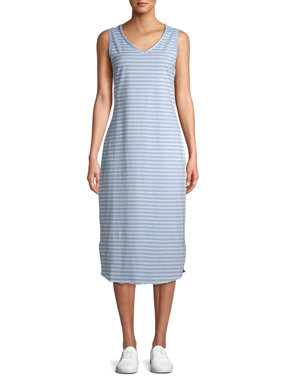 Time And Tru Size M Midi Blue and White Striped Dress V-Neck Sleeveless Cotton